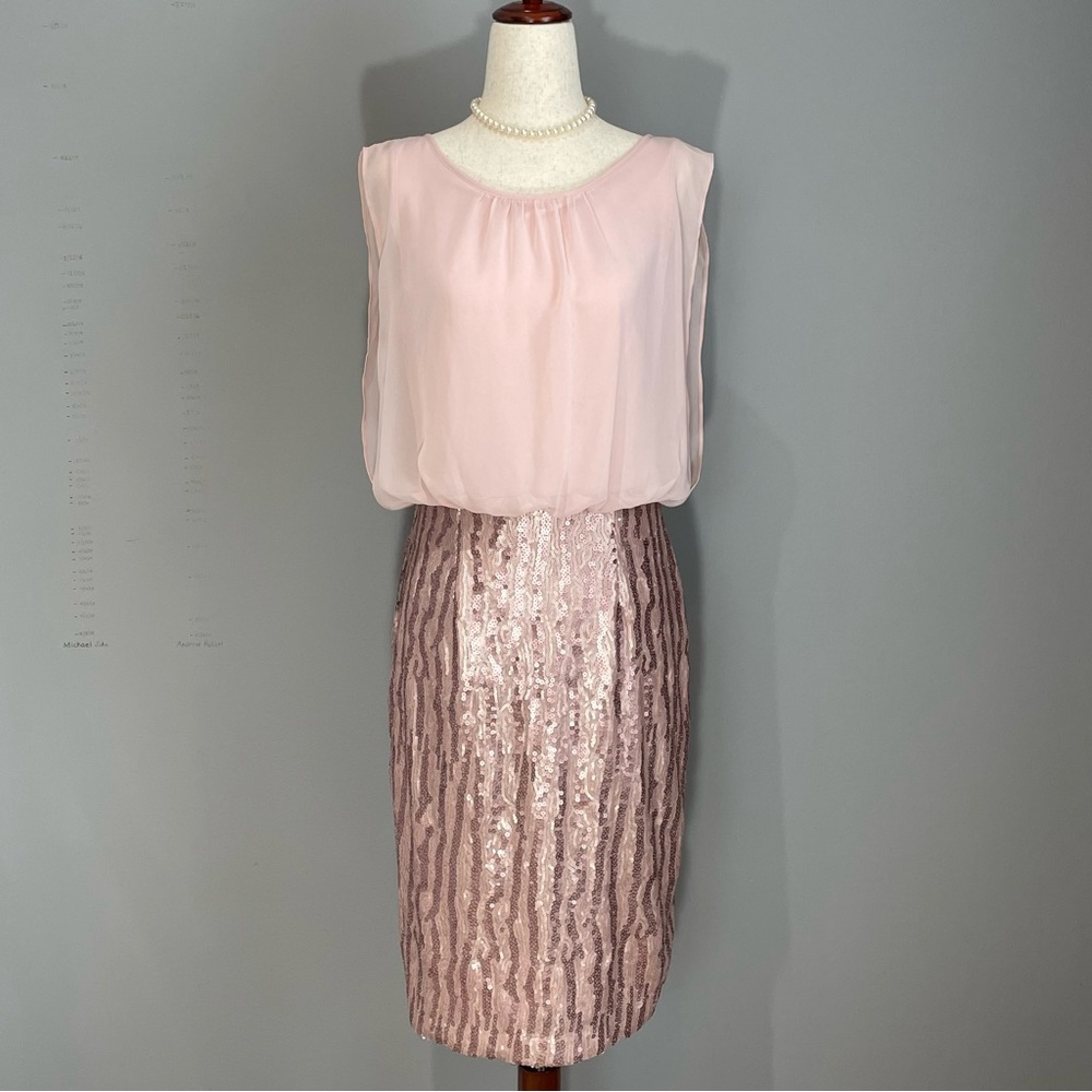Stunning Calvin Klein Sequin and Chiffon Dress Size 4 Powder Pink Midi Party